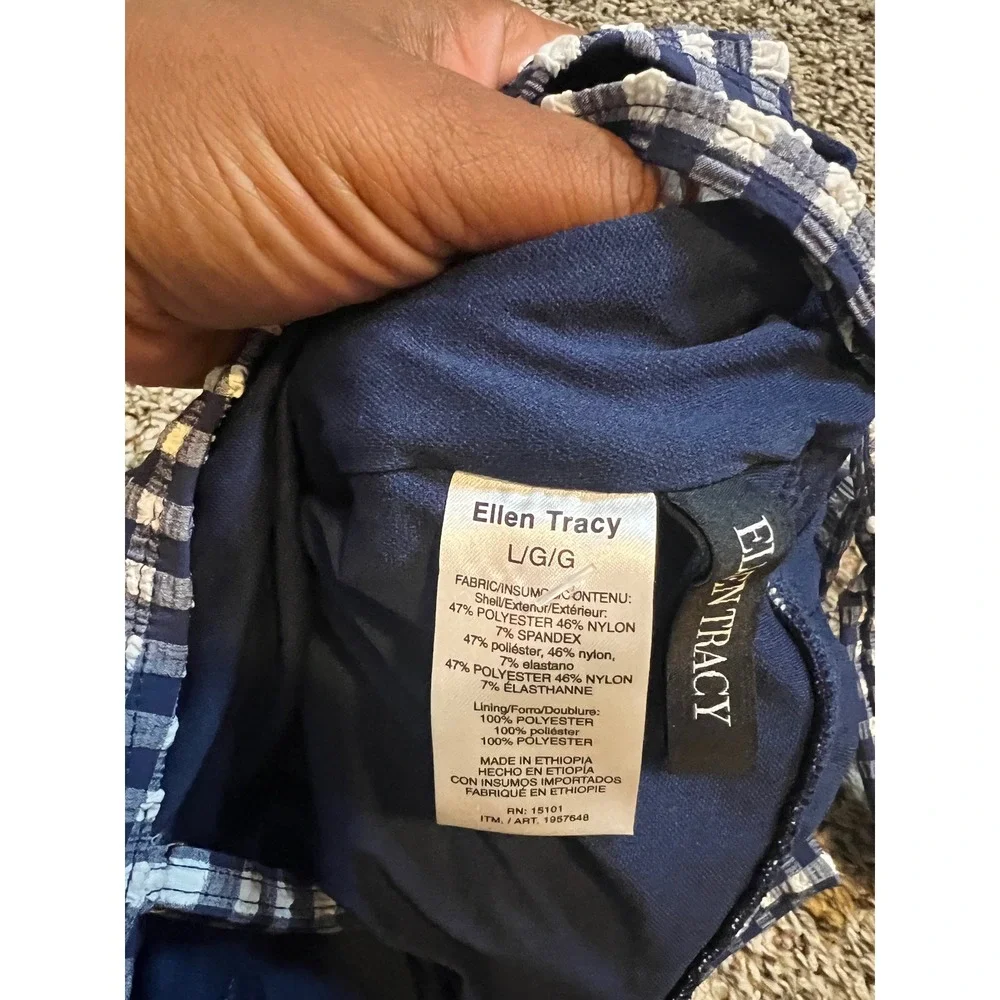 Ellen Tracy Women Navy Gingham Seersucker One Piece Swimsuit Ruched Tie Shoulder